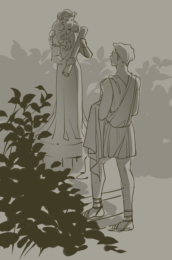 Black and white doodle of Laurent in Summer Palaca Garden, looking up at Egeria's statue, making vows.