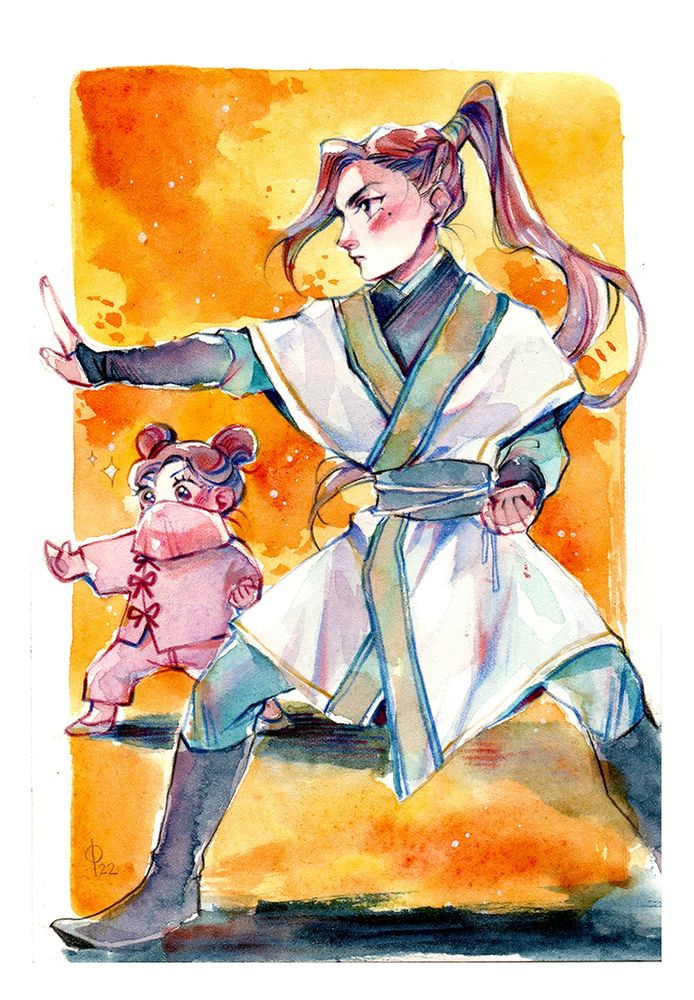 Watercolor fanart of svsss; On the front, a young Liu Qingge, he looks a teenager. He's practicing martial arts in a fighting stance, in disciple robes, serious face and neat, high ponytail. On the back, a very young child, Liu Mingyan, in pink clothes, a small veil covers her small face, but we can see she also has a fierce expression. She's mimicking her older brother in the same fighting stance. She has her hair in two high buns.