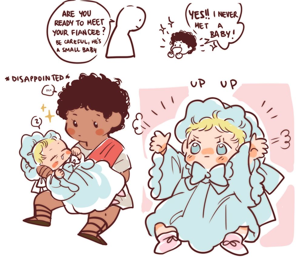 Someone asks Damen, a child of 6, if he wants to meet his fiancee and to be careful because he's a baby, to what Babianos answers "yes, i never met a baby!"
Next panel has small Damianos holding drooling baby Laurent and he's not impressed, disappointed this is a baby.
Last panel has baby Laurent in frilly baby clothes and bonnet, with arms up, asking to be held up.