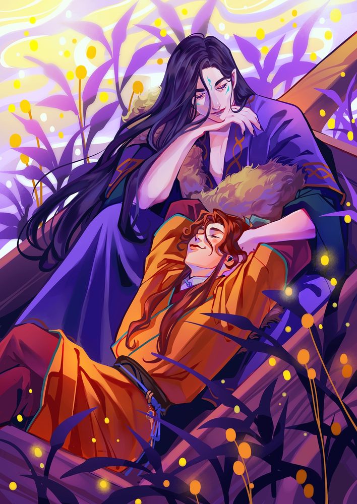 Moshang fansrt. They're sitting in a wooden cart, framed by purplish leaves and yellow round flowers drawn very simply. 
Sqh is lying on'mbj's lap, with arms behind head, smiling relaxed, eyes closed, legs crossed. His robes are a warm orange.
Mbj is sitting, lightly smiling with eyes closed, chin restin on one hand, the other hand is touching shq's cheek. His robes are purplish blue.