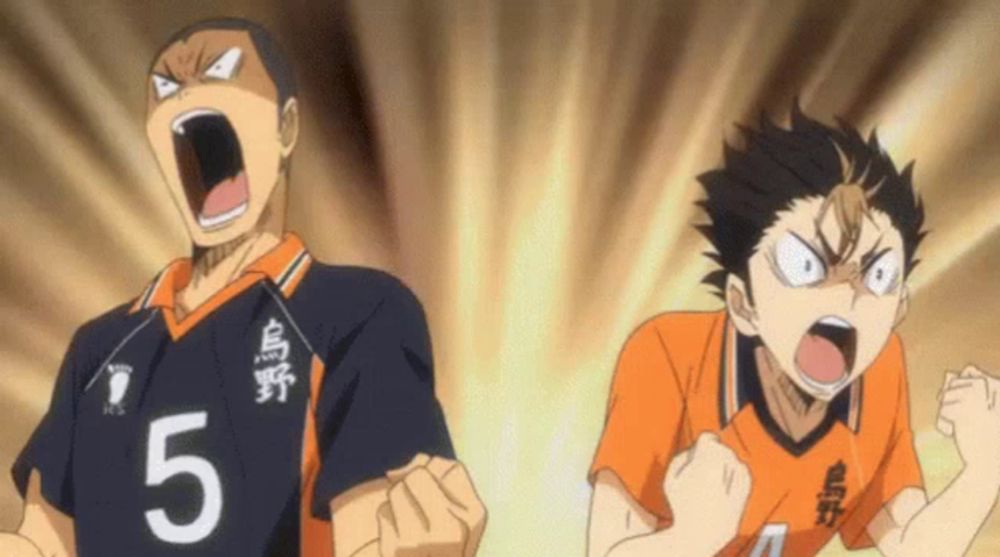 a couple of anime characters standing next to each other with their mouths open . one of the characters has the number 5 on his shirt .