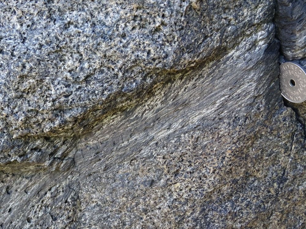 Photgraph of a weak shear zone (deformed rock) in a strong gabbro (non-deformed rock). The shear zone is a approximately 10 cm thick. A coin (5 Norwegian krone) is in the image for scale. Image was taken in western Norway.