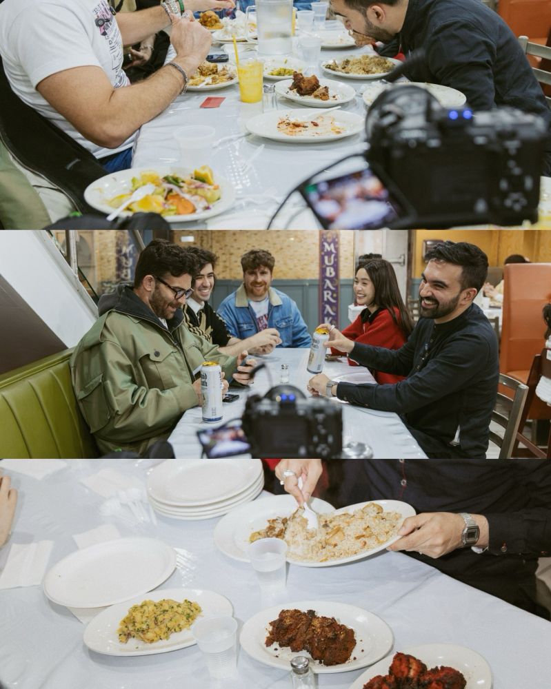 Three photos stacked on top of each other at Boishakhi Restaurant Astoria, featuring delicious Bangladeshi food and lots of smiles.