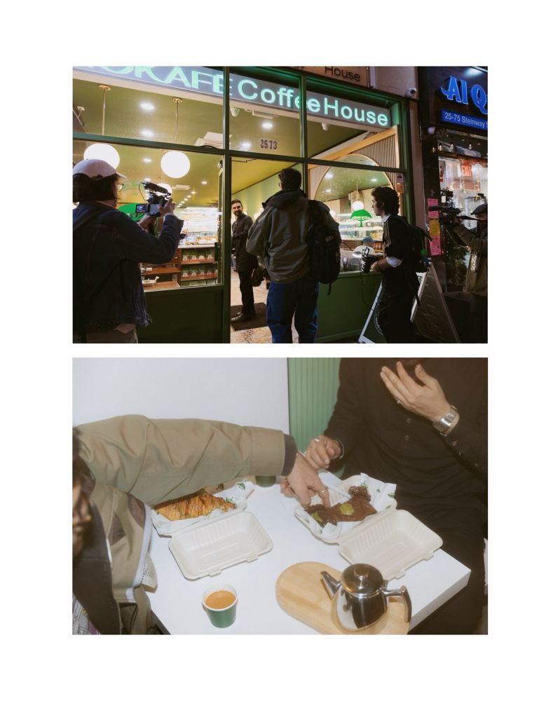 Two photos. Top is Hasan and the crew walking into MOKAFE. the bottom is Zohran and Zohran at a table digging into some pastries.