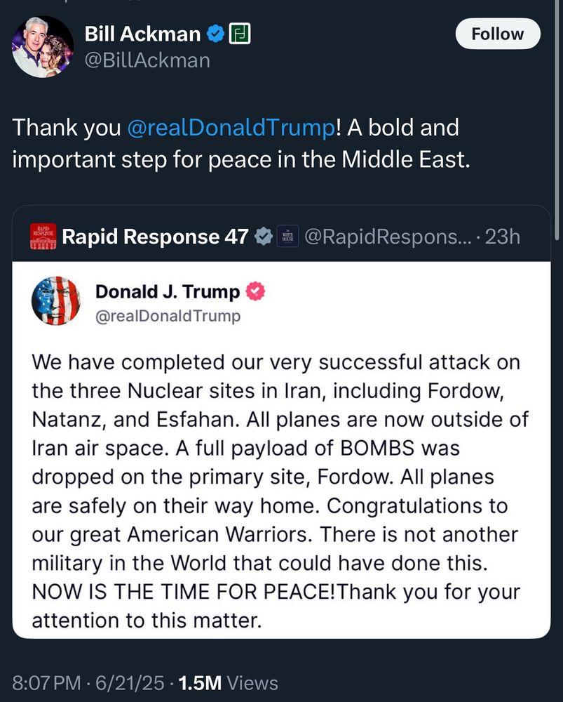 A screenshot of tweet by Bill Ackman that thanks Donald Trump for bombing Iran, calling it a “bold and important step for peace in the Middle East.”