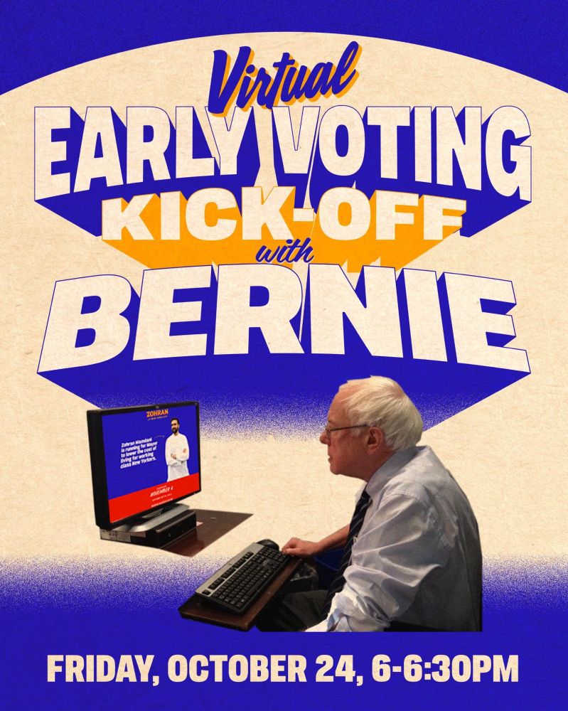 Graphic of Bernie sitting at a computer looking at Zohran’s website on a computer. 