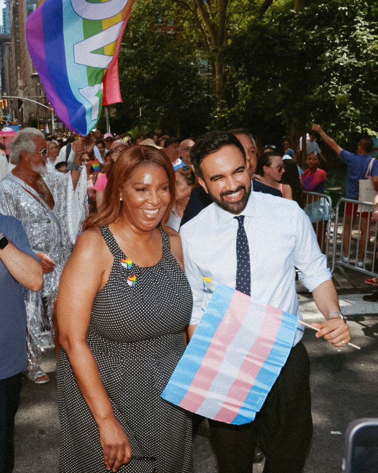 Zohran and Attorney General Tish James marching together in NYC Pride. 
