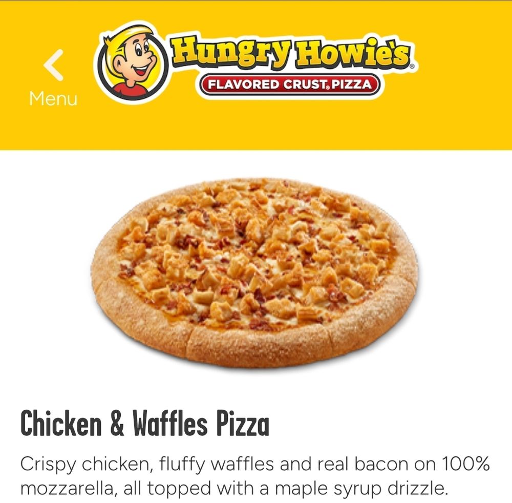 This is a screenshot of the Chicken & Waffles pizza and description as it appears on the Hungry Howies website.