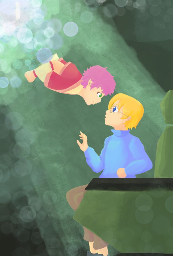 A drawing of Aelita and Jeremy from Code Lyoko in the Ponyo pose. Jeremy is sitting in a chair looking and reaching up to Aelita who is diving down and  looking towards Jeremy half of her body is solid the other is digital and fading. A white light shining behind Aelita with a hint of Code Lyoko fading in the light.
