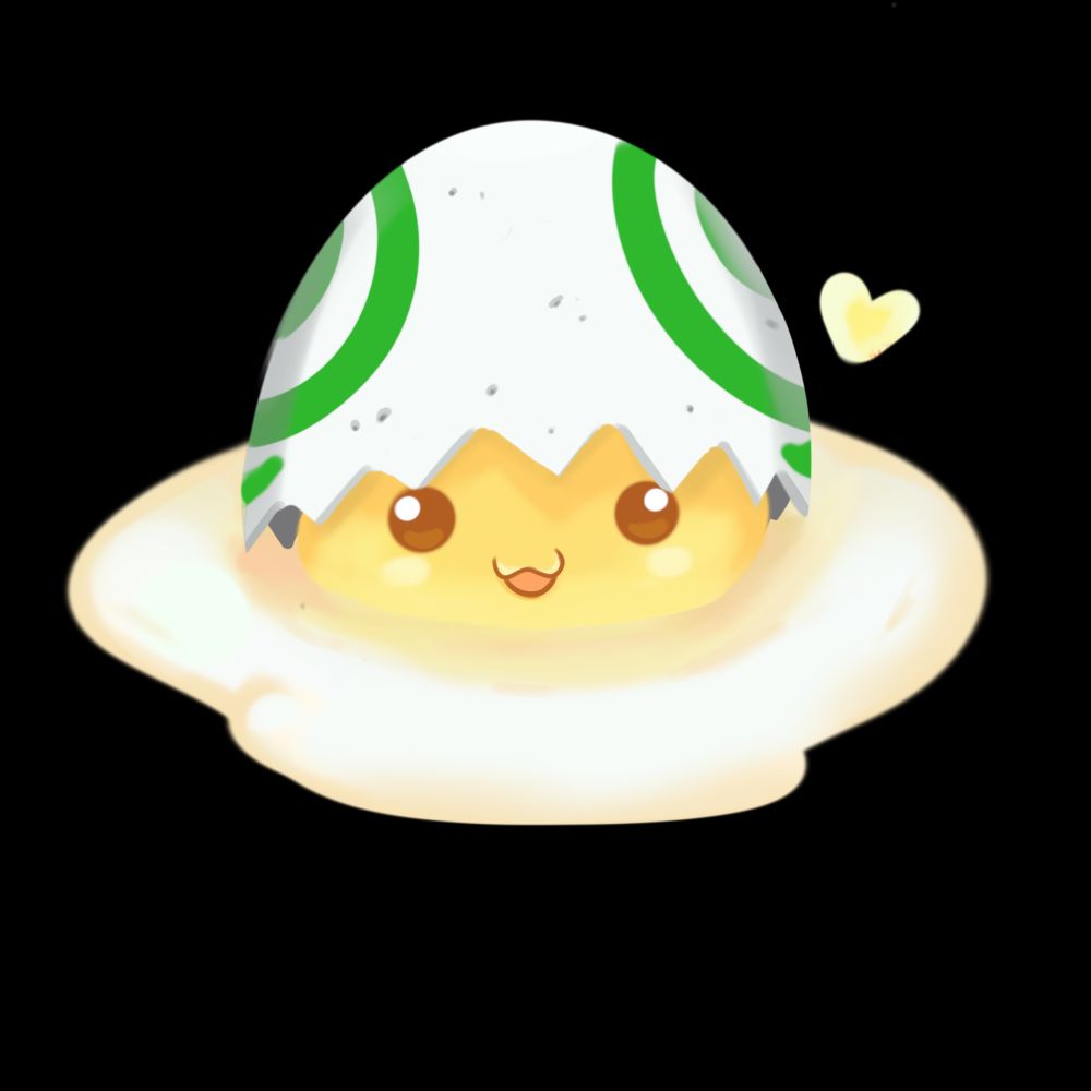Digital drawing of the egg digimon Yokomon. An egg with a cute face and a white and green egg shell on its head 