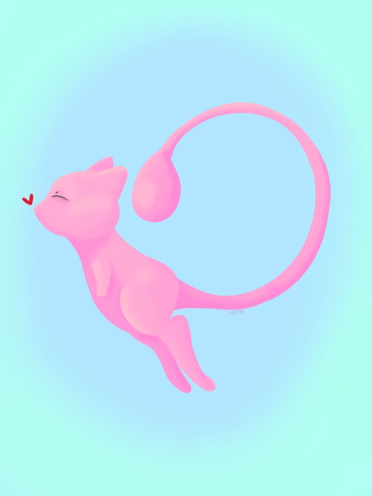 Drawing of the pink Pokemon Mew flying through the sky with its tail curled, eyes closed, and blowing a kiss.