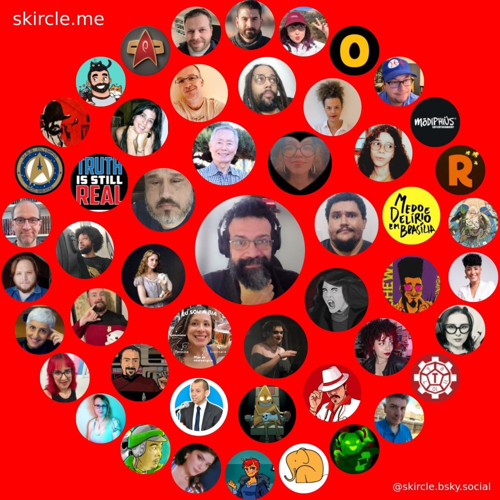 Imagem contendo os avatares que interagiram e/ou interagi durante os últimos dias no Bluesky. A minha imagem de avatar esta no centro maior com 3 círculos com as demais imagens de forma concêntrica com uma cor de fundo vermelho. | Image showing the avatars that interacted with me and/or that I interacted with over the past few days on Bluesky. My avatar is in the center, larger, with three concentric circles of other avatars around it, all set against a red background.