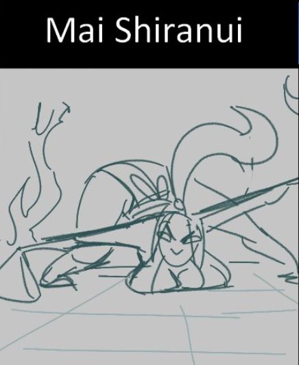 Poorly drawn sketch of Mai Shiranui (King of Fighters), in a fighting stance bent forward so far she is balanced on her boobs with her butt in the air