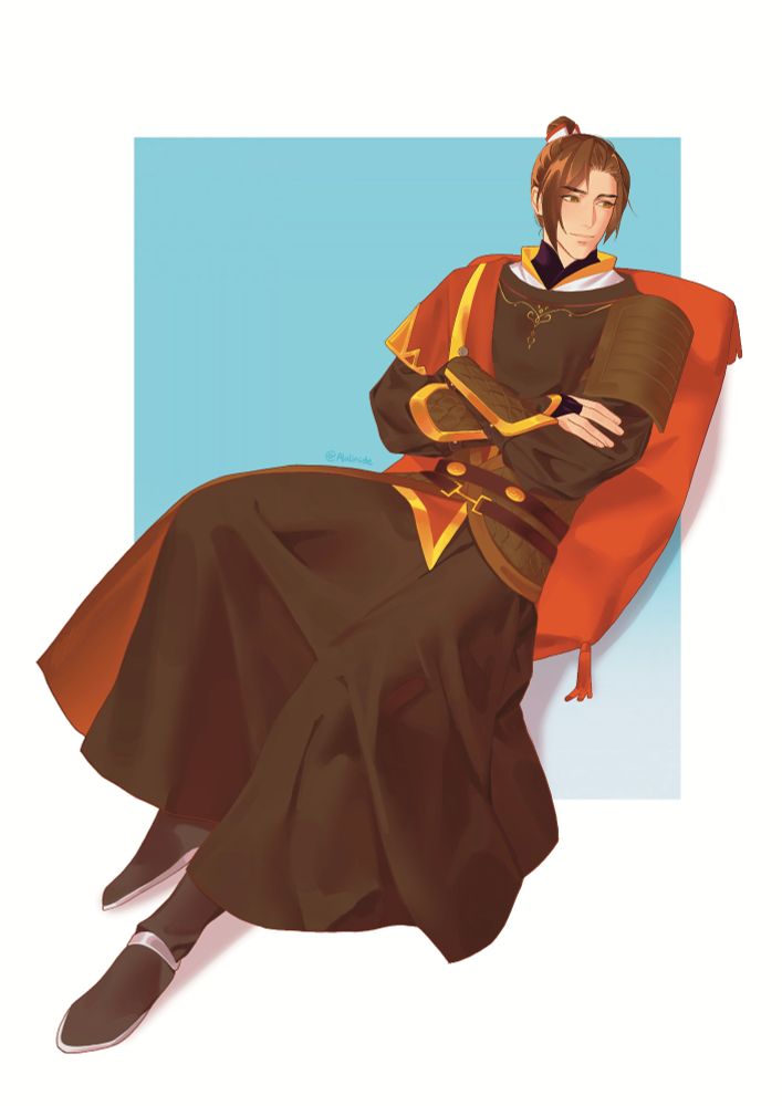 Feng Xin, sitting on a red cushion, looks to the side with a gentle smile on his face. He appears to be looking at someone.