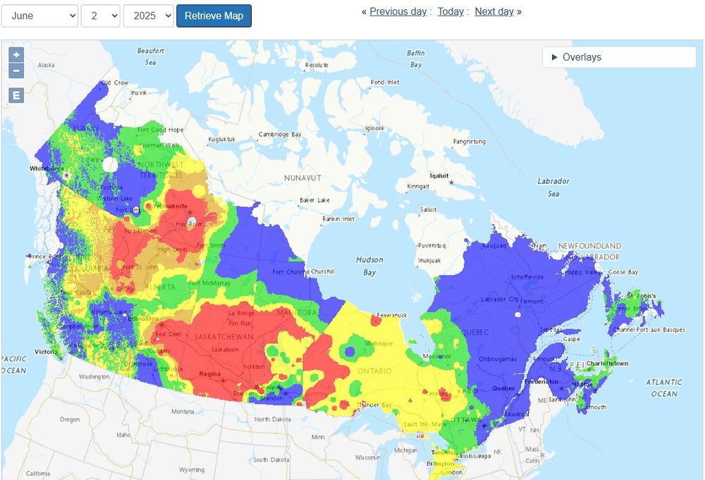 Canadian map of current wildfires and fire risk