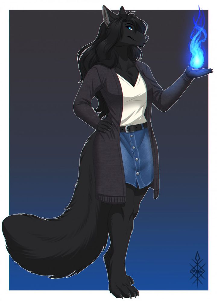 Art by Inkrend

Depicted is Evalia, a black-furred anthropomorphic vixen wearing a casual outfit of a denim skirt, white blouse, and lightweight black jacket over it. She is holding a palm out, where a wisp of blue fire dances about an inch over it. Her expression is somewhat amused, other hand on her hip, stance relaxed.