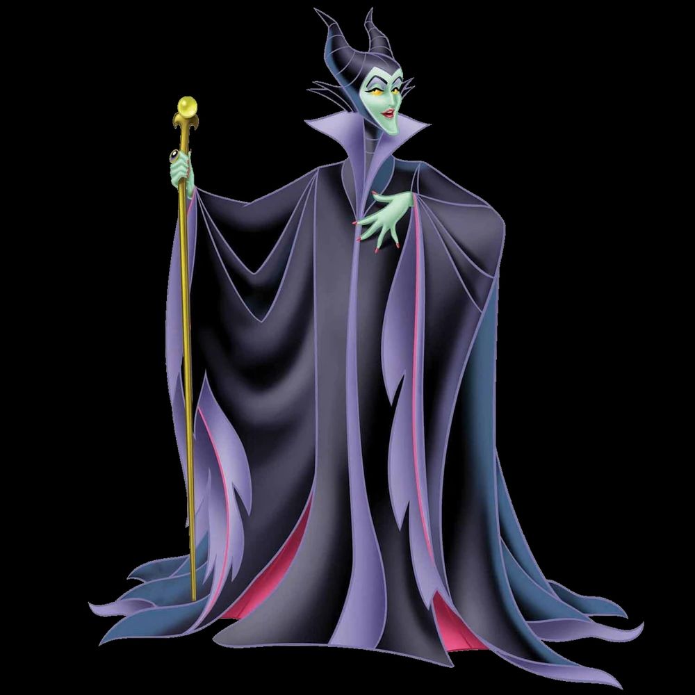 An image of the evil faerie queen Maleficent from Disney's "Sleeping Beauty". She wears flowing dark robes which are shades of black, purple, and blue with a red interior. On her head is a horned headdress which is fit snug to the head to hide her hair and yet leaves the face open. A simple brass staff is held in hand with a plum-sized glass sphere on top.
