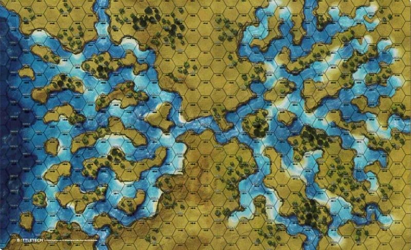 An image of the neoprene BattleMat "River Delta" for use with the Classic BattleTech tabletop game. It has a lot of flat space, but a lot of water breaking things up.