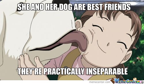 A still image from "Full Metal Alchemist" showing a young girl and a large dog. The text on it reads: "She and her dog are best friends. They're practically inseparable."
