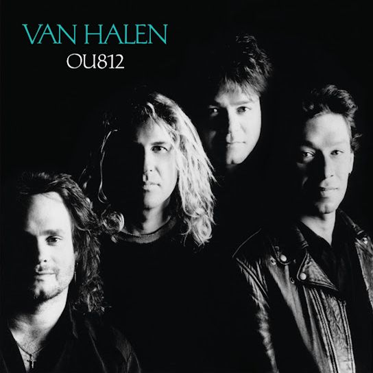 The cover of Van Halen's "OU812".  The band is in black and white on a solid black background, arranged somewhat similarly to The Beatles's "With The Beatles" from 1964.  From left to right: Michael Anthony, Sammy Hagar, Eddie Van Halen and Alex Van Halen.  The band's name and album title are in the top left corner.  The band name is aquamarine, and the title is white.