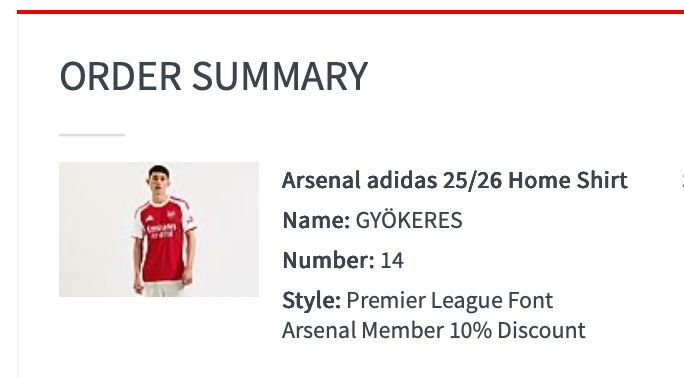 Order summary for an Arsenal shirt with Gyökeres and the number 14 on the back.