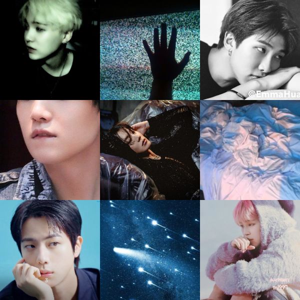 A moodboard generated by BSky user raynos from BSky user aglioeollieo's Mooboard Maker at https://aglioeollieo.neocities.org/coloursort

A three by three board of nine separate panels, containing the following images: 
TOP ROW: A blurry picture of a blond Min Yoongi on a black background, his face turned towards the left and a slightly concerned look on his face; the silhouette of a left hand against a TV screen or monitor fuzzed by multicolored static; a clear picture of brown-haired Kim Namjoon in black and white, facing towards the right with his face leaned onto his right wrist, wearing a dark t-shirt and noticeably an earring in his ear. 

Middle Row begins at the left with color picture of Min Yoongi biting his lip, though also only showing from the bridge of his nose down to his shirt collar and denim looking jacket; the central picture is black-haired Hoseok from his "Killin' It Girl" shoots, dressed in a fuzzy black shirt as he reclines into the plastic covering on a couch, the line of his neck on display, left hand up next to his face, one swoop of hair over his eyes, overall looking very much in need of lovin' of some sort; right photo is well-crumpled bed sheets, a splash of golden light in the middle showing the sheets as white.

Bottom row begins with Kim Seokjin in color against a sunny day blue background, resting his exquisite face on the palm of his left hand, fingers curled over and touching his cheek as he looks mysteriously to the right; middle image is a night sky full of small, medium and large dots of starlight, some of the larger streaking across the image as if a photo timelapse; last image is a pink-haired Park Jimin bundled into a fuzzy, light colored jacket, his dainty hand lifted to rest against his mouth as he stares off to the left, his bare legs visible beneath his left arm as his knees are pulled loosely up to his chest, lit by a faintly golden light against a grey-blue background. 