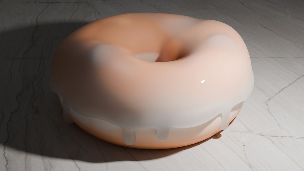 a quick and dirty 3D render of a donut that appears to be frosted with a lumpy, viscous white liquid. It could be glaze, but is visually reminiscent of semen. 