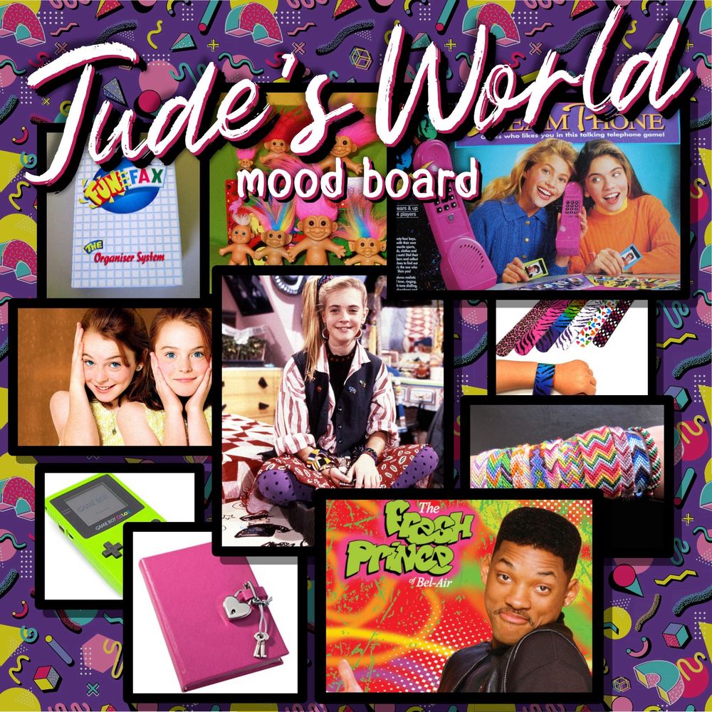 A mood board with a collection of nineties cultural references: Clarissa Explains it All, Fresh Prince of Bel Air, The Parent Trap, snap bracelets, friendship bracelets, locking diaries, game boy colour, fun fax, dream phone, and troll dolls
