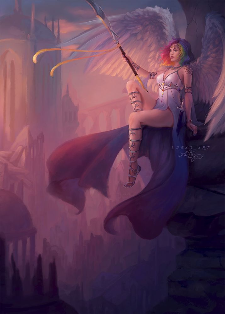 Fantasy scene depicting Franour at the end of her quest for justice. Franour is a high cleric with rainbow hair and powerful white wings. She is wearing a flowing dress in a gradation of white, violet, and blues, accentuated with colorful gems, silver details and chains. Her footwear is a silver gladiator-style sandals that reaches her knees with intricate flowery details. She is holding an elegant Glaive and the symbol of her deity Shelyn tattooed on her left hand. She is sitting gracefully on a ruined high ledge which used to be a staircase, overlooking Kintargo city after. The cityscape shows the signs of the recent battle.