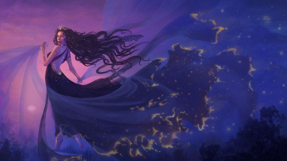 Nyx goddess of the night is running the earth towards the sunset bringing the night with her. Her shawl is turning the sky dark, and her black dress is melting into stars. She has golden tattoos on her face, bare back, and feet. She is also wearing a golden crown and bracelets that shine with the last rays of the sun.