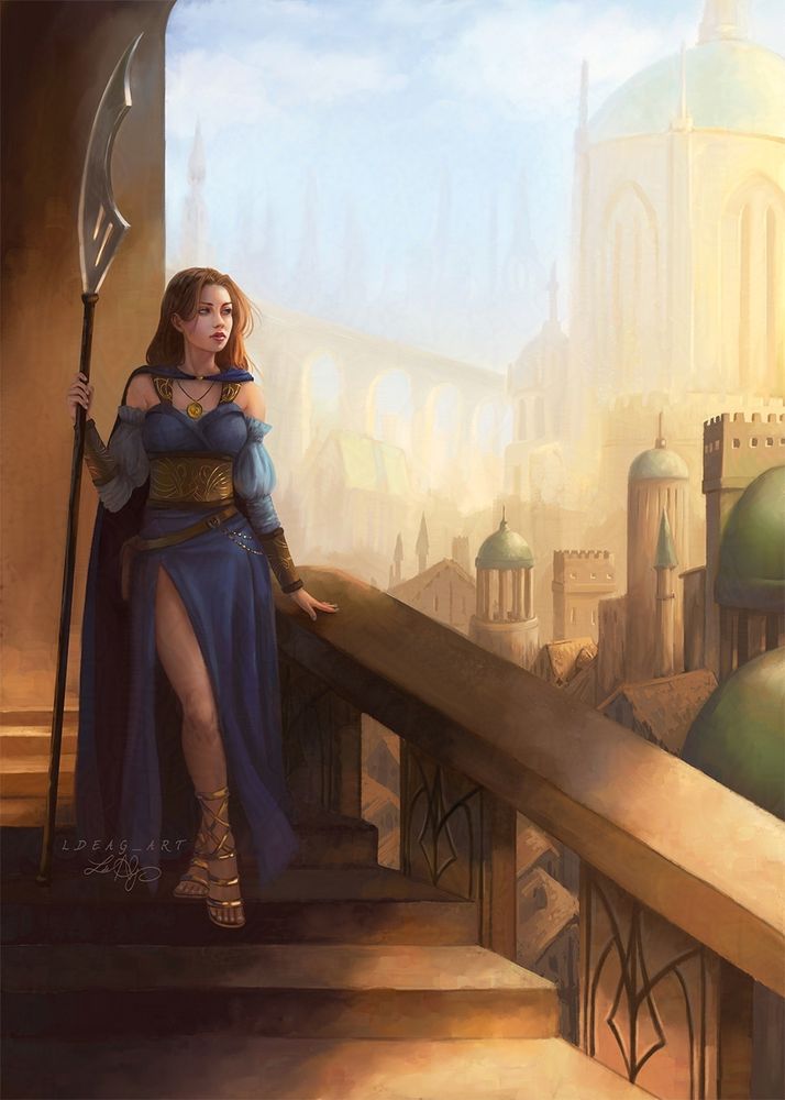 It is a fantasy scene featuring a cleric called Franour standing on a stone staircase overlooking the majestic, sunlit city of Kintargo with towering spires and domed rooftops. Franour is wearing a deep blue dress with a high slit, revealing one leg. On her right hand she is holding an elegant glaive and she is wearing the symbol of her deity Shelyn on a necklace. Franour is just about to start her quest for justice.