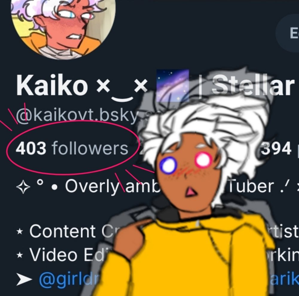 A screenshot of Kaiko's follower count at 403 with a doodle of him being surprised.