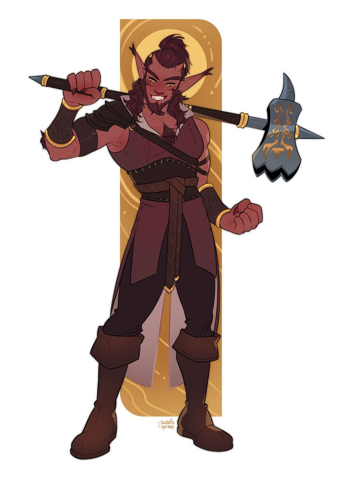 Flat fullbody of the character named Morgan. He is a hobgoblin who is holding a big battle hammer