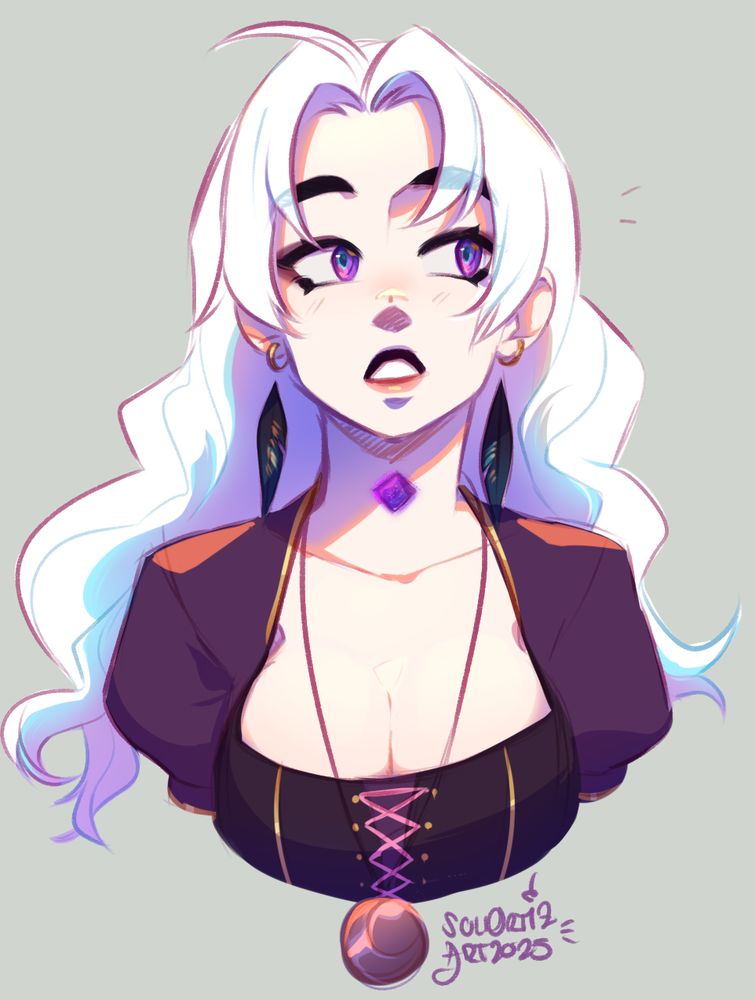 Sketch of my oc Danielle Black showing her neck gemstone. She's a white hair girl with purple eyes