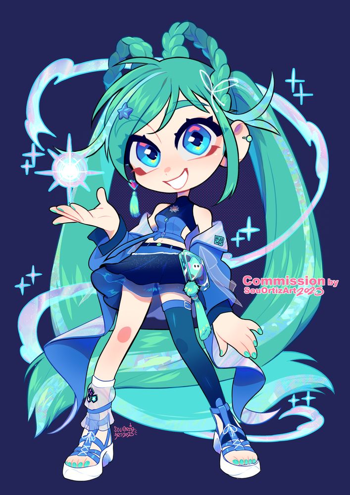 Chibi of the vocaloid Hatsune Miku with stellar magic around her