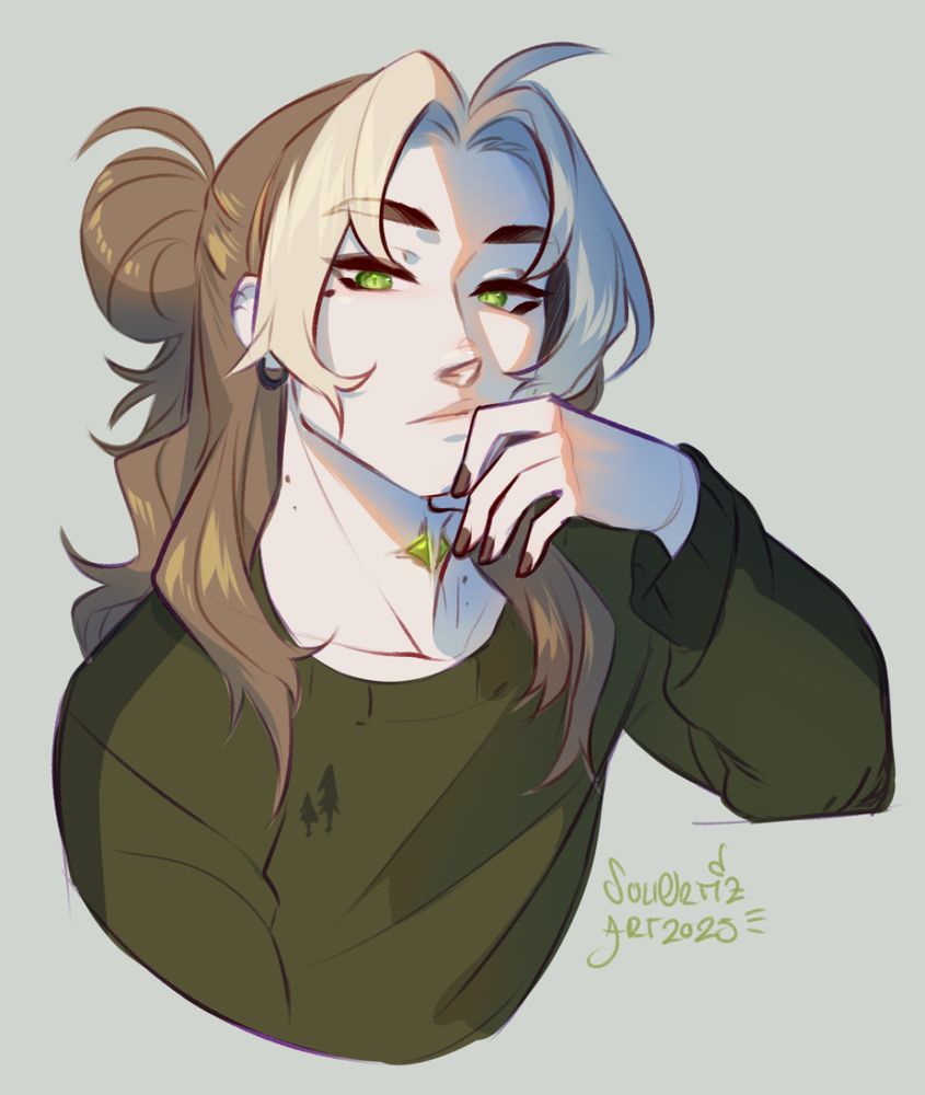 Sketch of my oc Dandelion Bellerose showing his neck gemstone. He's a boy with brown and blonde hair and green eyes