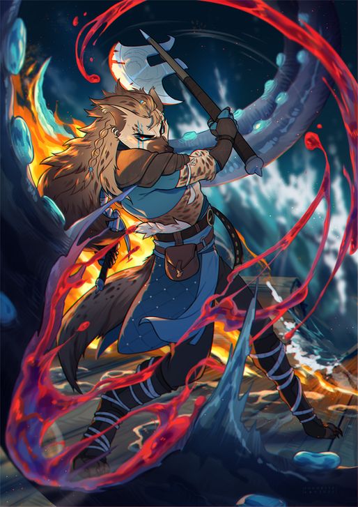 Illustration of my oc Valor, the kholo barbarian. He is fighting a huge tentacle from a Kraken while travelling in a boat. There is fire around him and the blood from the monster is flowing around Valor