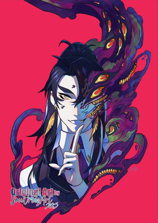 Headshot of my oc Safis Black with a corruption mass growing from his left side. This drawing was sponsored by Nise Lofsteinn