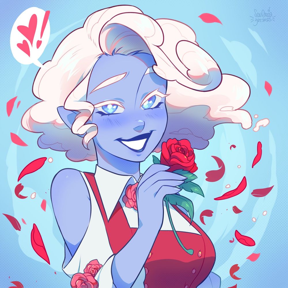 Miniportrait of Briar, a cloud girl with blue skin, short white hair that resembles a cloud and a red and white dress. She likes roses and is holding one. 