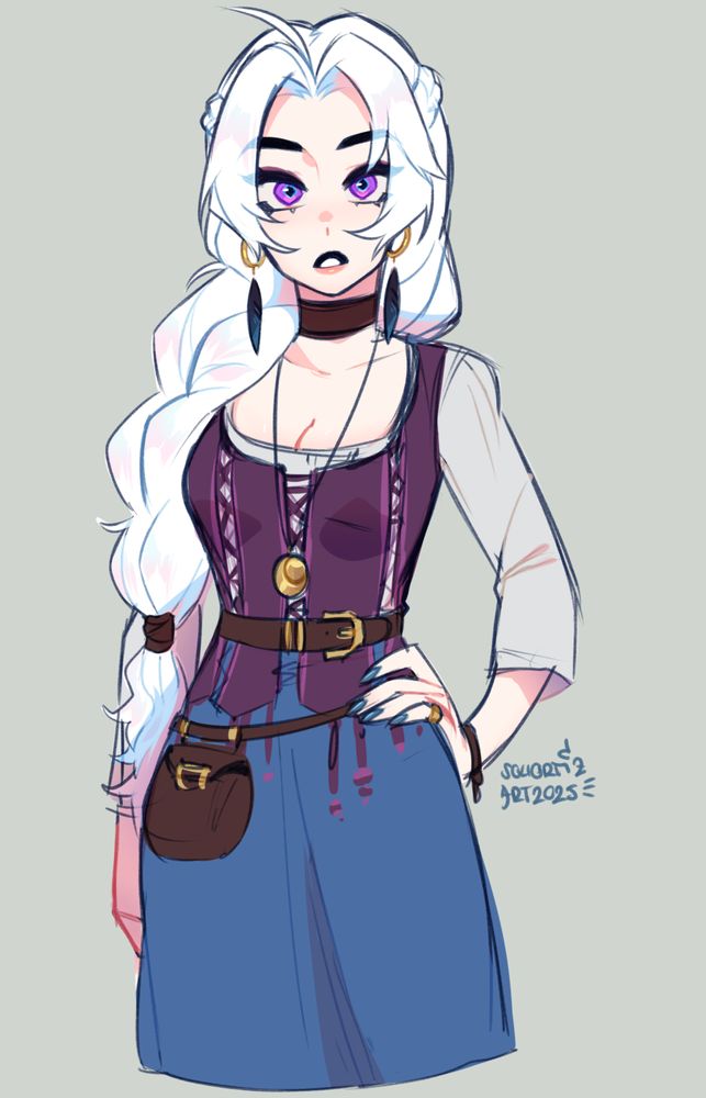 Sketch of my oc Danielle Black wearing a random dress. Her hairtsyle in this picture is a big braid that is laying on her right shoulder