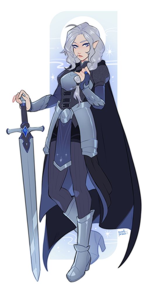 Flat fullbody of the character named Ciel. She is an aasimar who wears an armor and a silver sword