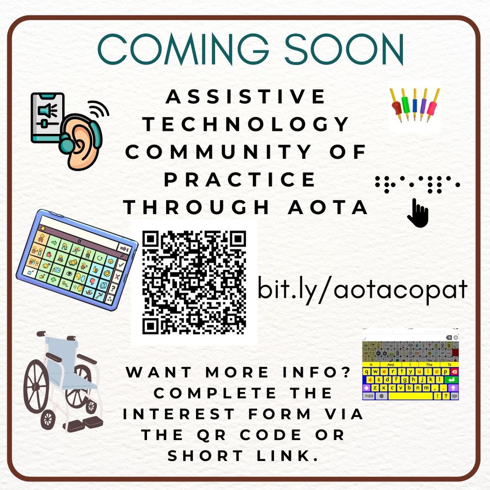 Coming soon announcement for community of practice through AOTA for assistive technology with images of assorted AT and text as presented in the post