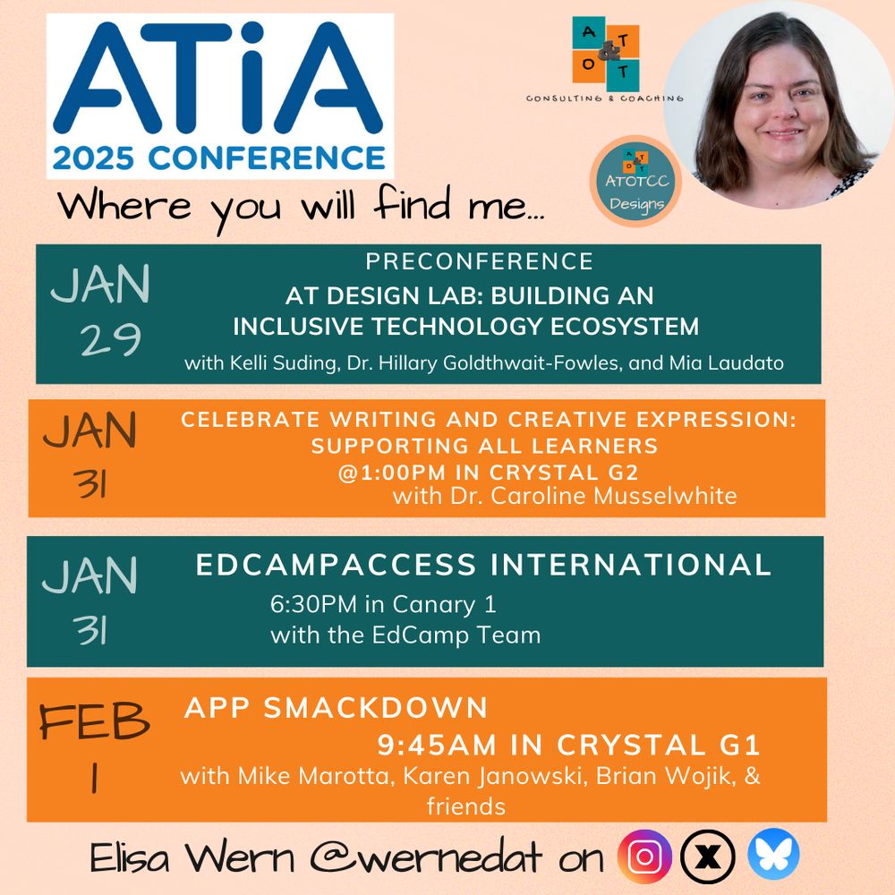 graphic of four locations during the ATIA conference where Elisa Wern will be presenting. includes headshot of Elisa with information from the conference app