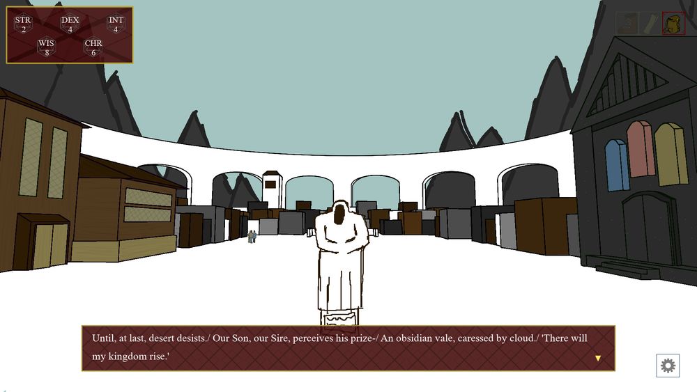 A view of the main square. A pub to the left, an obsidian church to the right, an old statue in the middle. The statue reads 'Until at last, desert desists/ Our Son, our Sire, perceives his prize-/ An obsidian vale, caressed by cloud/ 'There will my kingdom rise.''