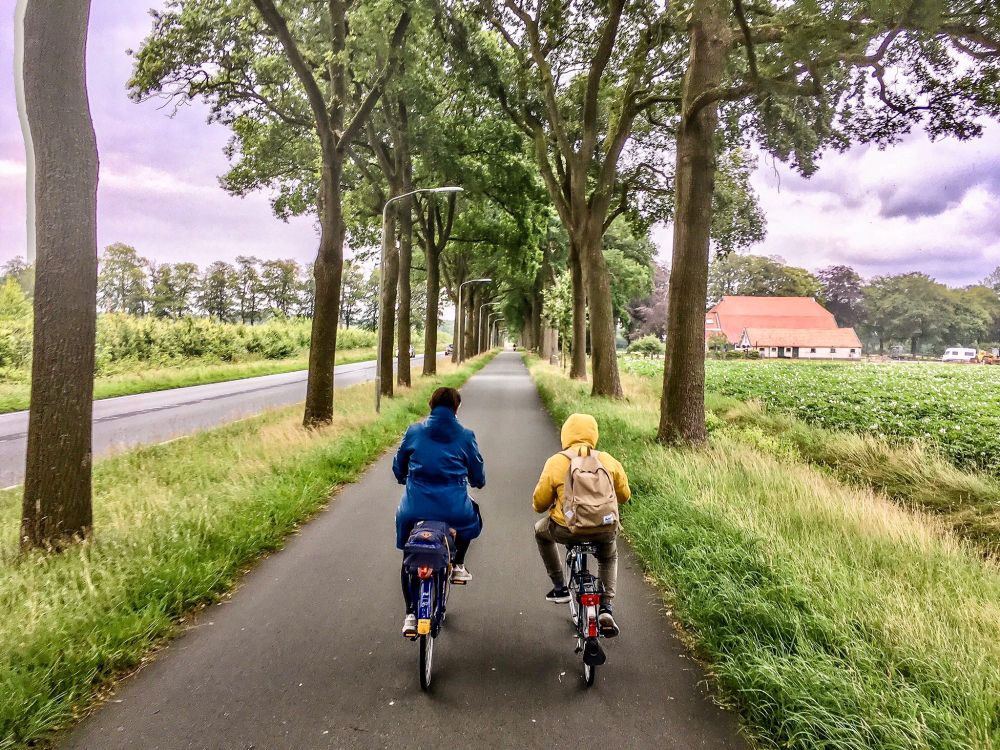 Foto: Dutch Cycling Embassy. Das Foto zeigt einen breiten Radweg neben einer Freilandstraße, links und rechts des Radwegs Bäume, zwei Radfahrende mit Regenausrüstung, bewölkter Himmel