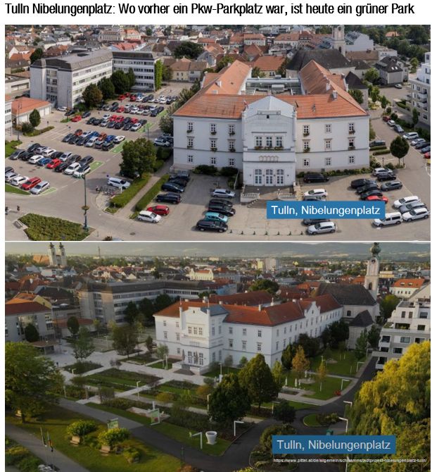 Das Bild zeigt oben den Nibelungenplatz in Tulln als Pkw-Parkplatz und nach der Umgestalung als  Park