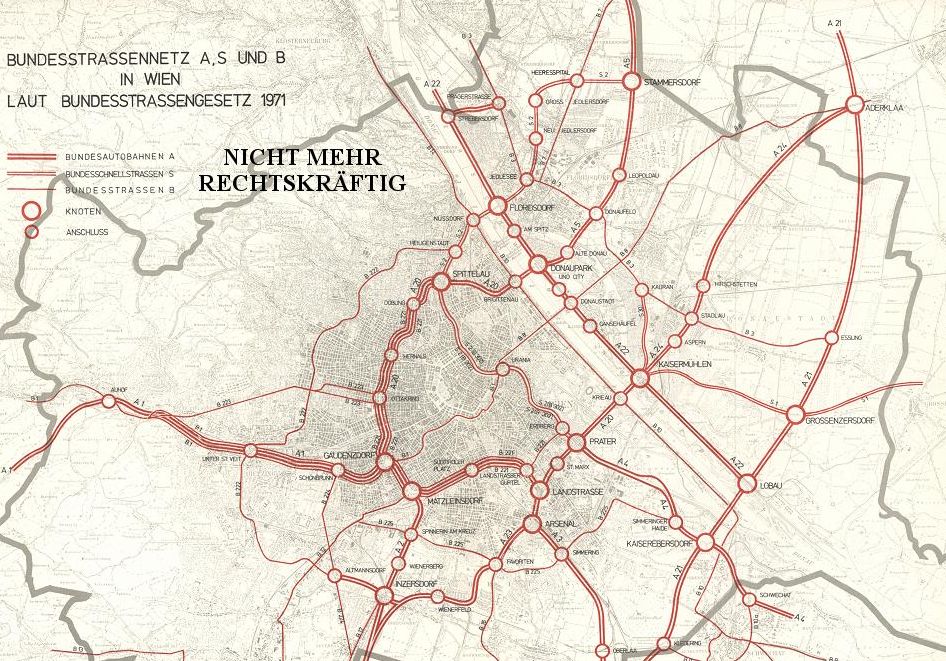 Ausschnitt Plan des geplanten Bundesstraßennetz in Wien laut Bundesstraßengesetz 1971. Quelle: https://www.geschichtewiki.wien.gv.at/Bundesstra%C3%9Fennetz#/media/Datei:Bundesstra%C3%9Fennetz_in_Wien_1971.jpeg