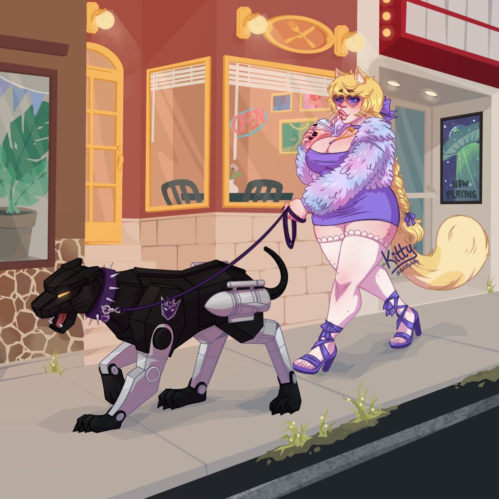An image of Kitty in a hyper-feminine outfit— a short dress, cropped fur jacket, thigh highs, ribbon heels and heart-shaped sunglasses— walking down the sidewalk with Ravage, the jaguar decepticon from Transformers, on a leash. A play on the “Scary dog privilege” meme. 