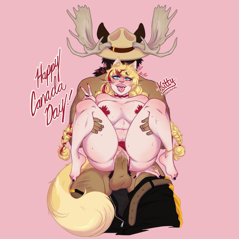 A lewd drawing of Kitty; a cat girl, and a faceless moose boy having sex. The moose boy is wearing a Mountie hat and pants, and Kitty is wearing a bikini and maple leaf-shaped pasties. Kitty is sitting in the Mountie Moose's lap with his cock sliding in and out of her and she is making an Ahegao face.
