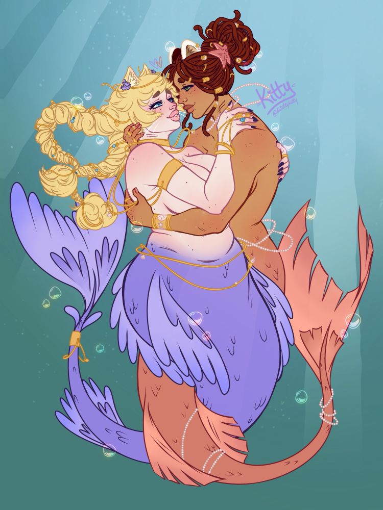 An image of Kitty, my cat girl OC, and Ginger, her trans red panda girlfriend, as mermaids under water. They are draped in gold jewellery and are embracing each other, gazing into each other's eyes lovingly.